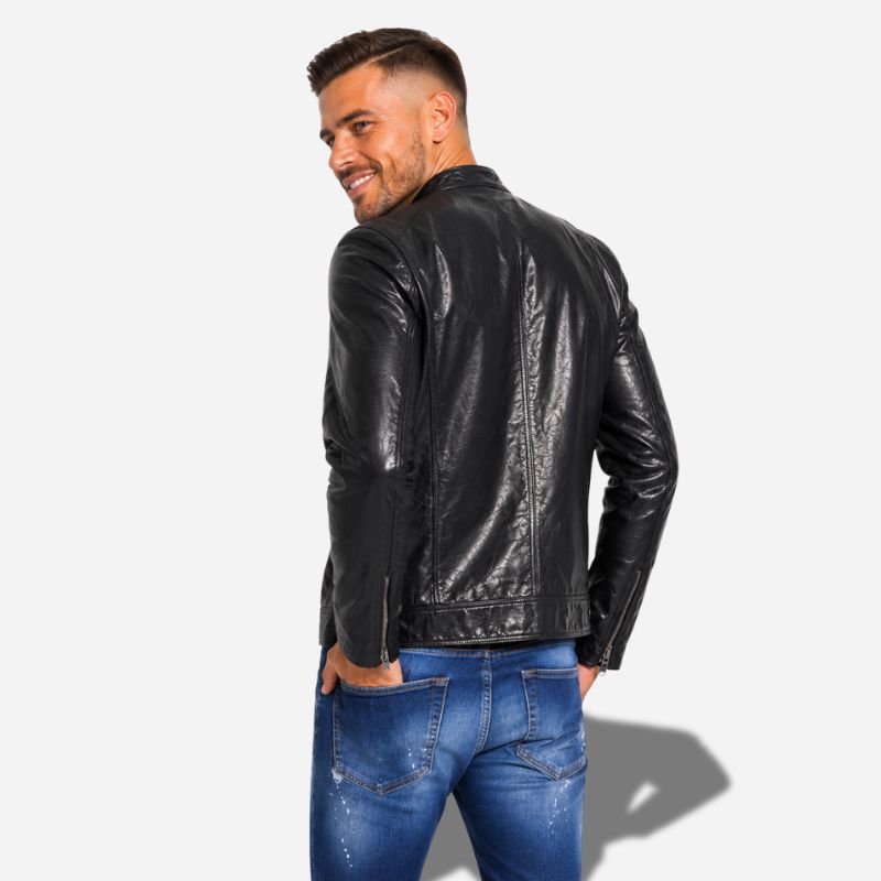 Veste en cuir noire pour homme en cuir ciré à col rond