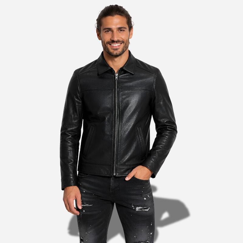 Veste noir en cuir homme avec col chemise et en cuir de vachette véritable