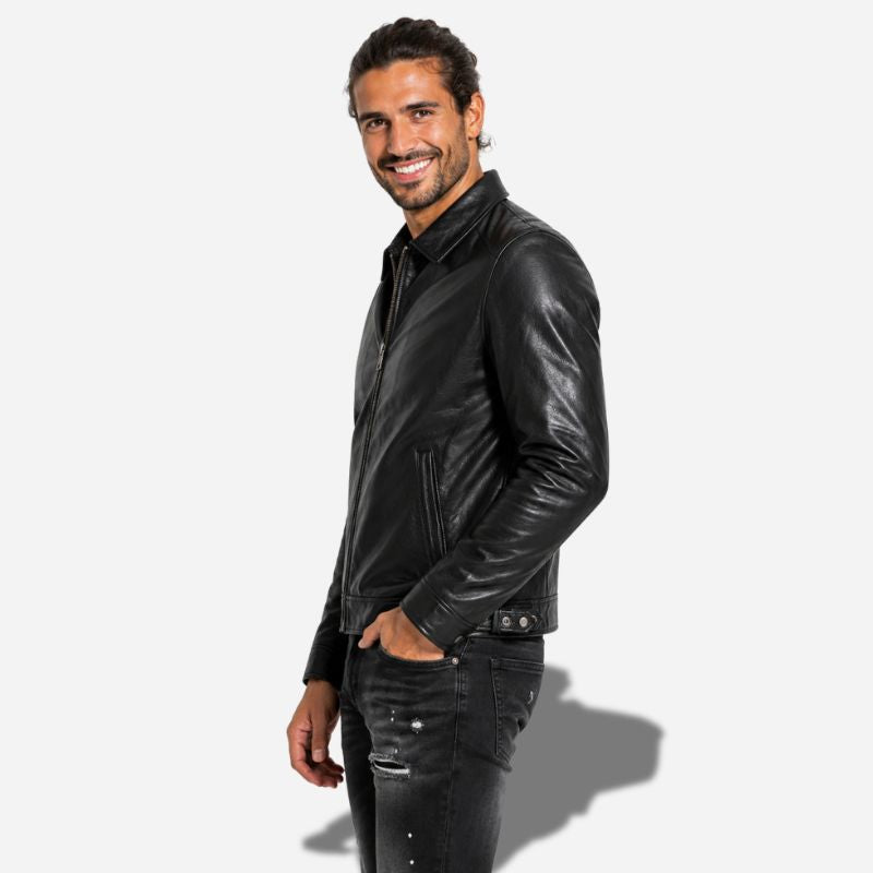 Veste noir en cuir homme avec col chemise et en cuir de vachette véritable
