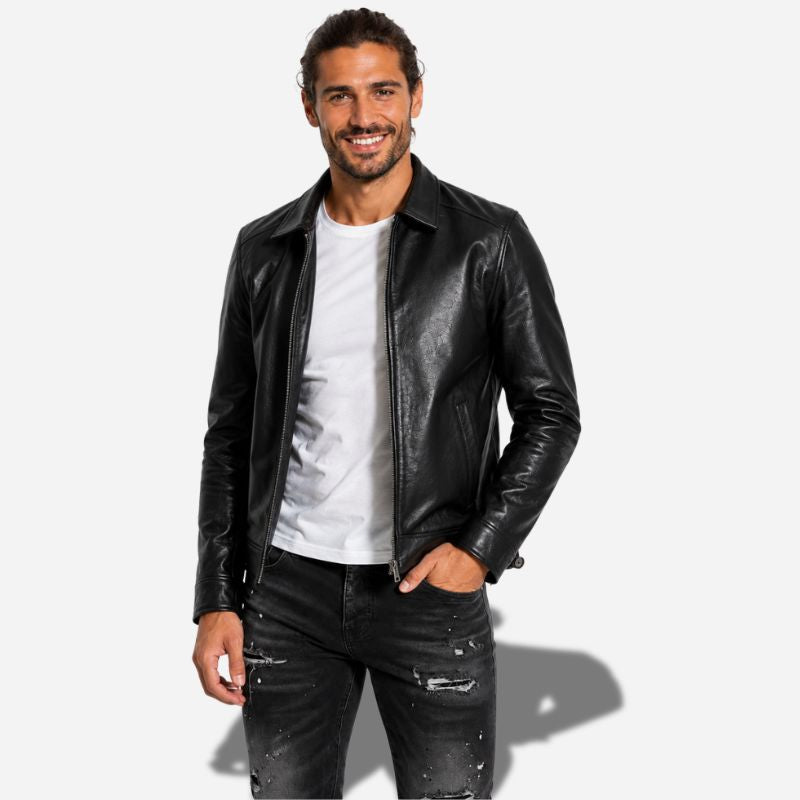 Veste noir en cuir homme avec col chemise et en cuir de vachette véritable