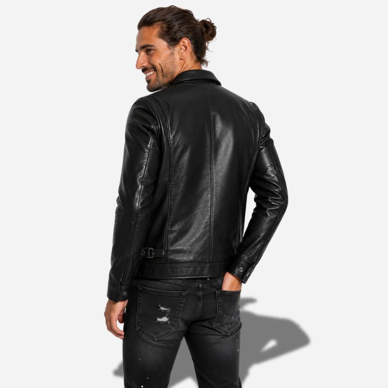 Veste noir en cuir homme avec col chemise et en cuir de vachette véritable
