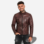 Veste en cuir pour homme marron avec poche sur la poitrine et col rond, en cuir de vachette véritable