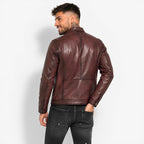 Veste en cuir pour homme marron avec poche sur la poitrine et col rond, en cuir de vachette véritable