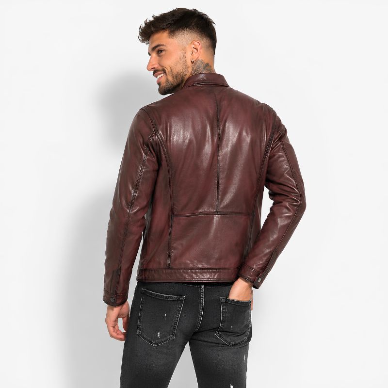 Veste en cuir pour homme marron avec poche sur la poitrine et col rond, en cuir de vachette véritable