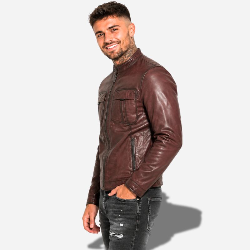Veste en cuir pour homme marron avec poche sur la poitrine et col rond, en cuir de vachette véritable