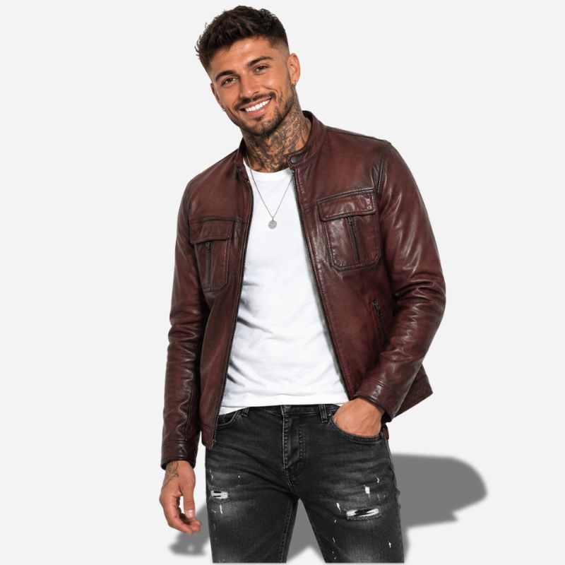 Veste en cuir pour homme marron avec poche sur la poitrine et col rond, en cuir de vachette véritable