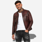 Veste en cuir pour homme marron avec poche sur la poitrine et col rond, en cuir de vachette véritable