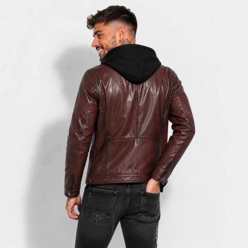 Veste en cuir pour homme marron avec poche sur la poitrine et col rond, en cuir de vachette véritable