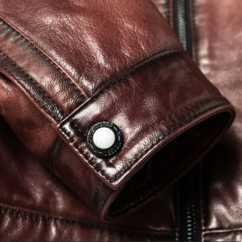 Veste en cuir pour homme marron avec poche sur la poitrine et col rond, en cuir de vachette véritable