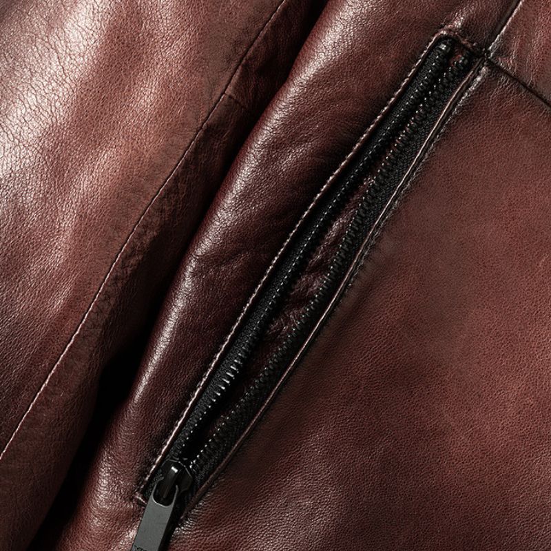 Veste en cuir pour homme marron avec poche sur la poitrine et col rond, en cuir de vachette véritable