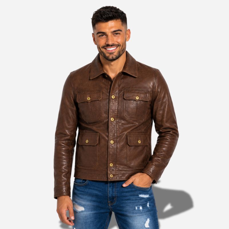 Veste en cuir marron pour homme à bouton style aviateur avec col chemise en cuir de vachette véritable