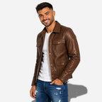 Veste en cuir marron pour homme à bouton style aviateur avec col chemise en cuir de vachette véritable
