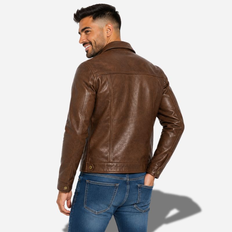 Veste en cuir marron pour homme à bouton style aviateur avec col chemise en cuir de vachette véritable