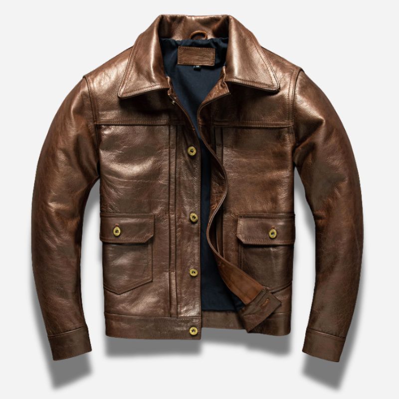 Veste en cuir marron pour homme à bouton style aviateur avec col chemise en cuir de vachette véritable