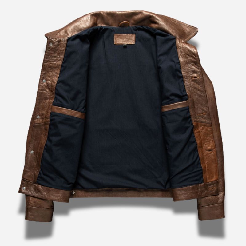 Veste en cuir marron pour homme à bouton style aviateur avec col chemise en cuir de vachette véritable