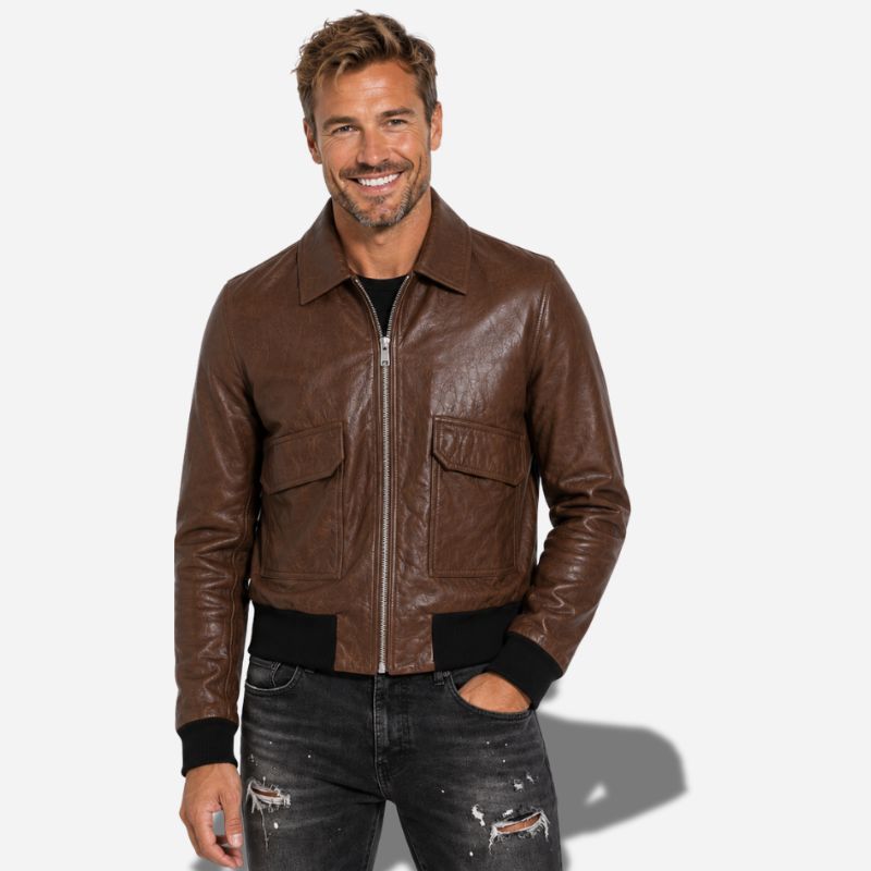 Veste en cuir marron homme en cuir de vachette avec col chemise