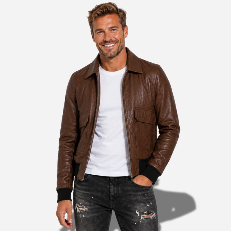 Veste en cuir marron homme en cuir de vachette avec col chemise