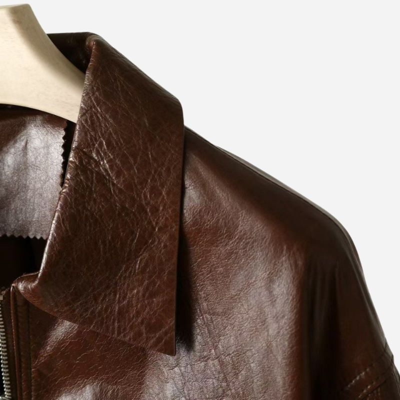 Veste en cuir marron homme en cuir de vachette avec col chemise