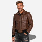Veste en cuir marron homme en cuir de vachette avec col chemise