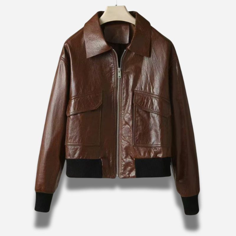 Veste en cuir marron homme en cuir de vachette avec col chemise