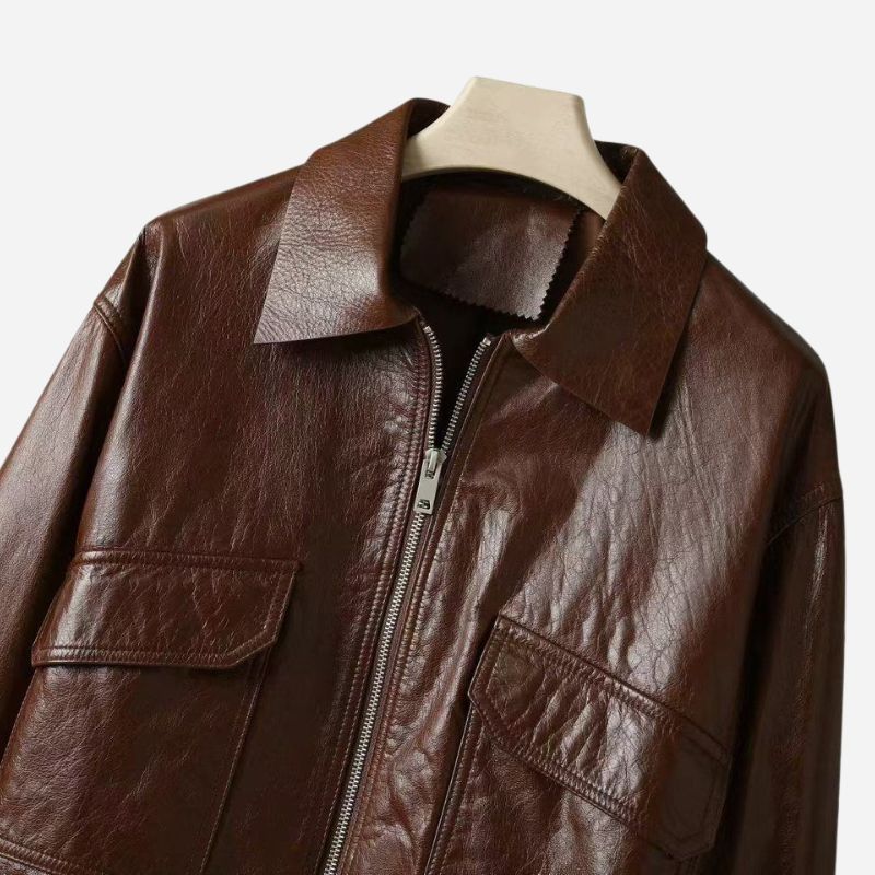 Veste en cuir marron homme en cuir de vachette avec col chemise