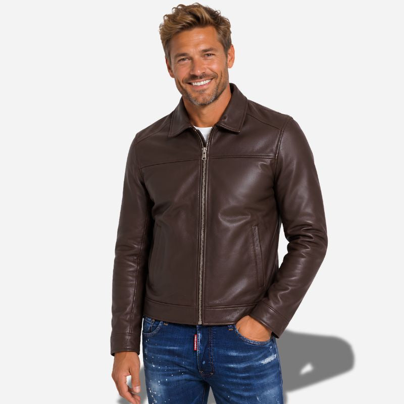 Veste en cuir marron foncé pour homme avec col chemise et en cuir de vachette véritable