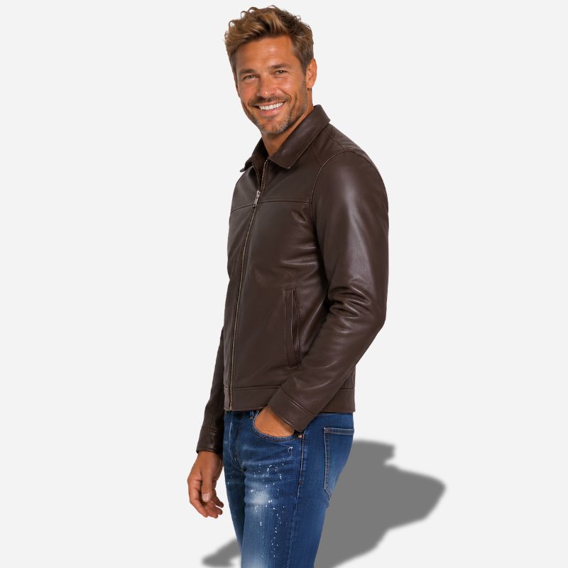 Veste en cuir marron foncé pour homme avec col chemise et en cuir de vachette véritable