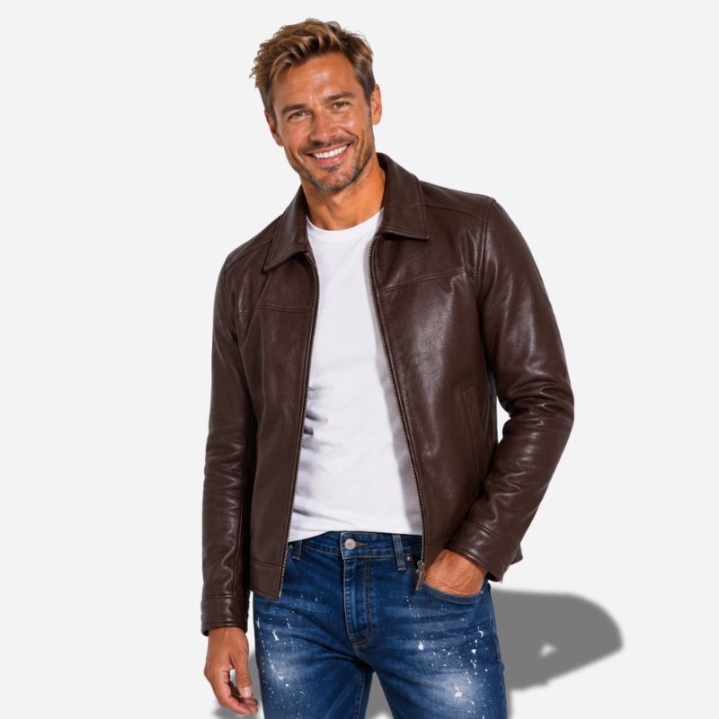 Veste en cuir marron foncé pour homme avec col chemise et en cuir de vachette véritable