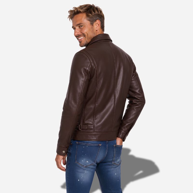 Veste en cuir marron foncé pour homme avec col chemise et en cuir de vachette véritable