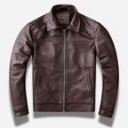 Veste en cuir marron foncé pour homme avec col chemise et en cuir de vachette véritable