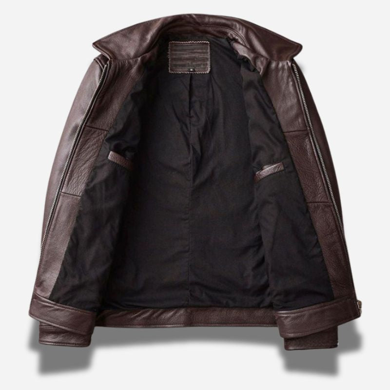 Veste en cuir marron foncé pour homme avec col chemise et en cuir de vachette véritable