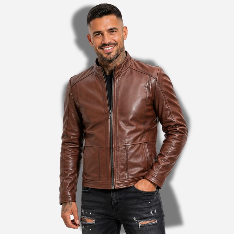 Veste en cuir homme marron claire vintage en cuir de vachette véritable