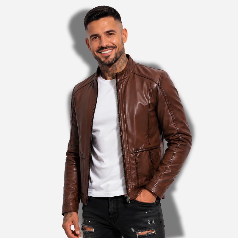 Veste en cuir homme marron claire vintage en cuir de vachette véritable