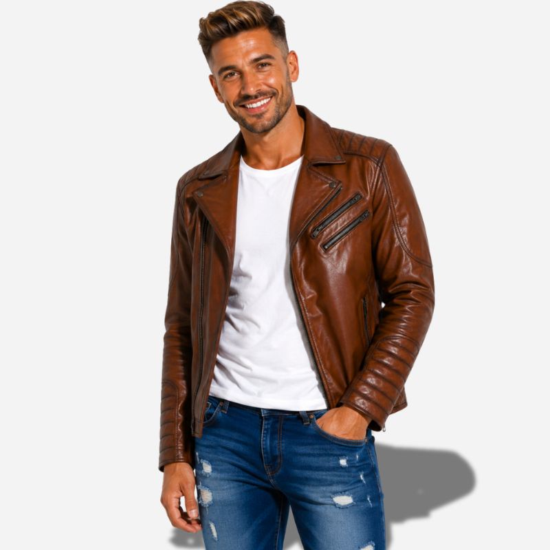 Veste en cuir marron claire homme en cuir d'agneau ciré luxueuse
