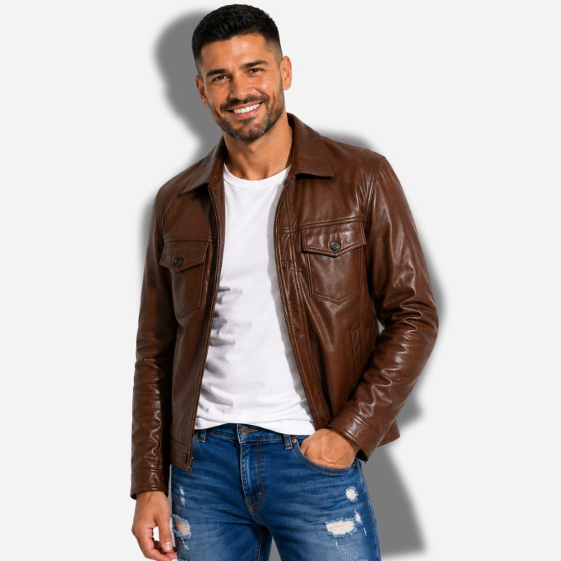 Veste en cuir homme marron avec poches sur la poitrine et col chemise, en cuir de vachette véritable