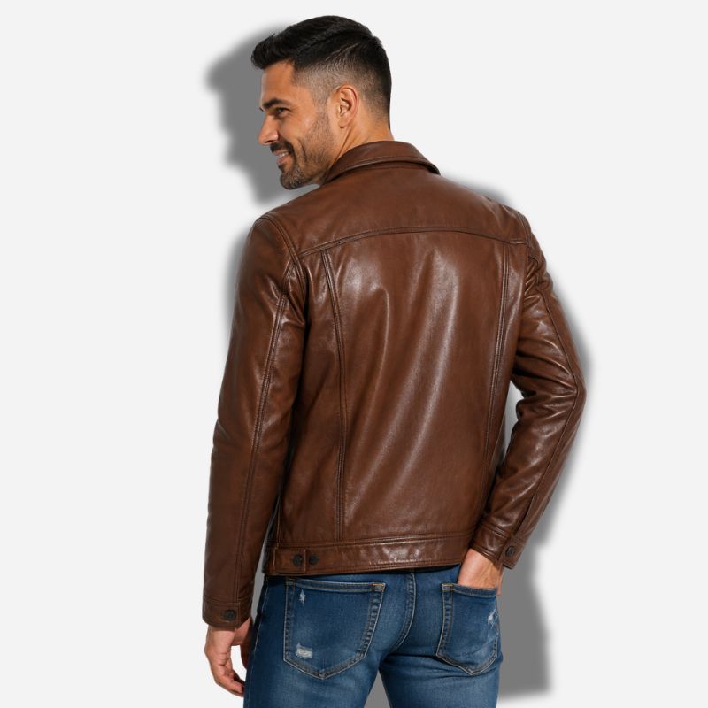 Veste en cuir homme marron avec poches sur la poitrine et col chemise, en cuir de vachette véritable