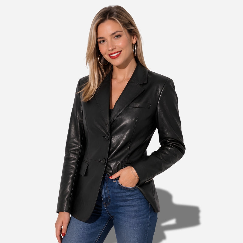 Blazer en cuir pour femme en cuir de vachette ciré noir