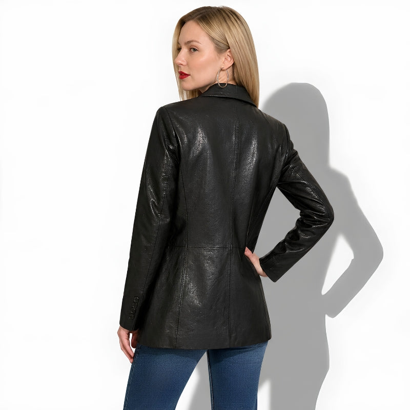 Blazer en cuir pour femme en cuir de vachette ciré noir