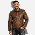 Veste en simili cuir marron pour homme style biker avec effets matelassé sur les épaules et sur les manches