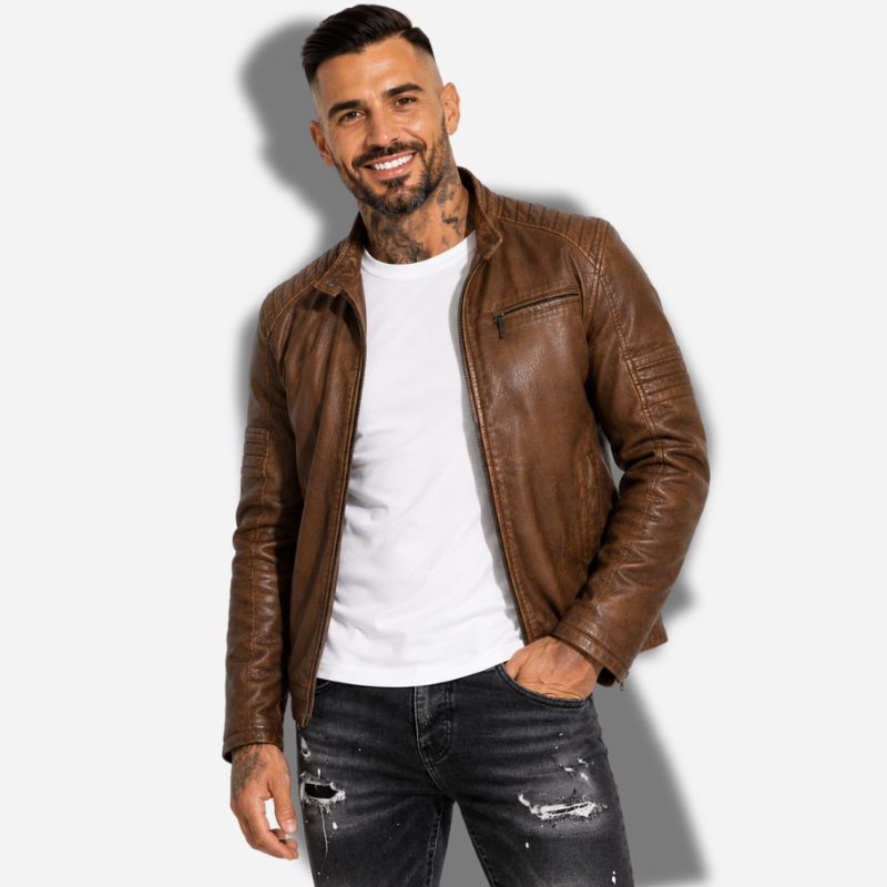 Veste en simili cuir marron pour homme style biker avec effets matelassé sur les épaules et sur les manches