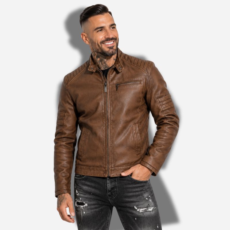 Veste en simili cuir marron pour homme style biker avec effets matelassé sur les épaules et sur les manches