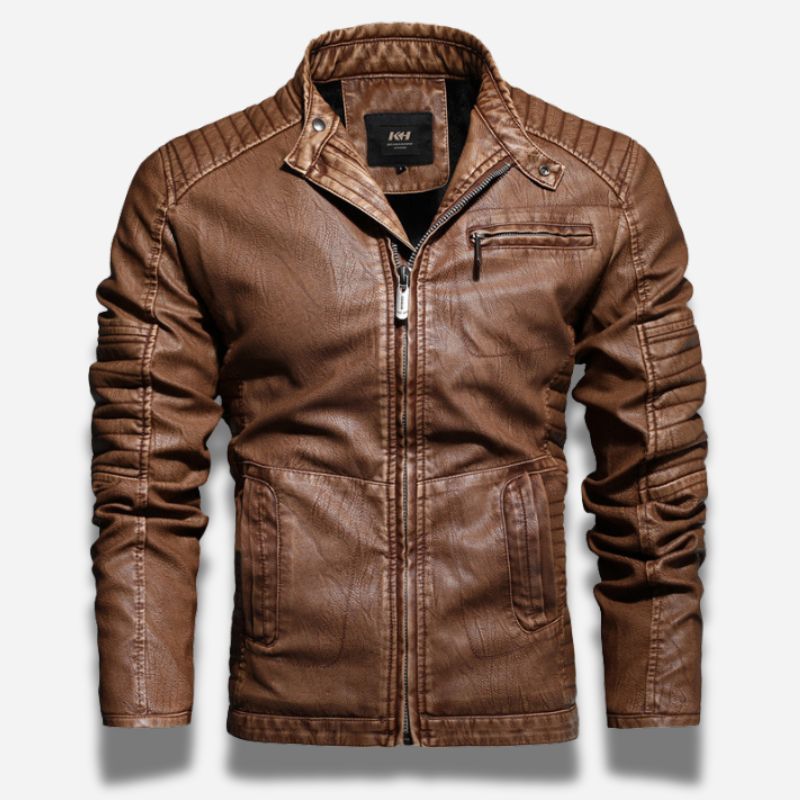 Veste en simili cuir marron pour homme style biker avec effets matelassé sur les épaules et sur les manches