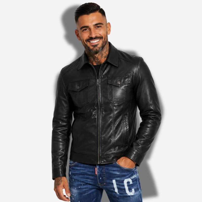 veste en faux cuir pour homme noir avec col chemise et poches plates sur la poitrine