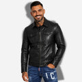 veste en faux cuir pour homme noir avec col chemise et poches plates sur la poitrine