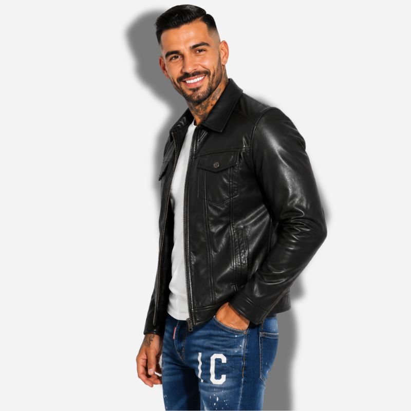 veste en faux cuir pour homme noir avec col chemise et poches plates sur la poitrine