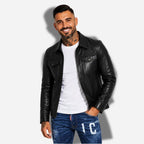 veste en faux cuir pour homme noir avec col chemise et poches plates sur la poitrine
