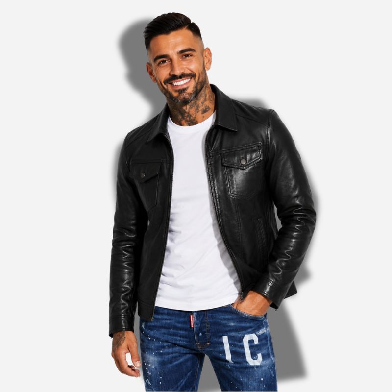 veste en faux cuir pour homme noir avec col chemise et poches plates sur la poitrine