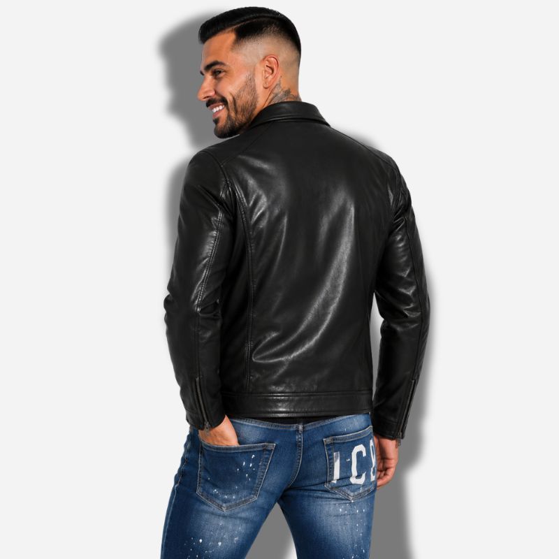 veste en faux cuir pour homme noir avec col chemise et poches plates sur la poitrine