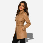 Veste en cuir longue pour femme avec ceinture