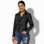 Veste en cuir courte pour femme en cuir d'agneau style perfecto
